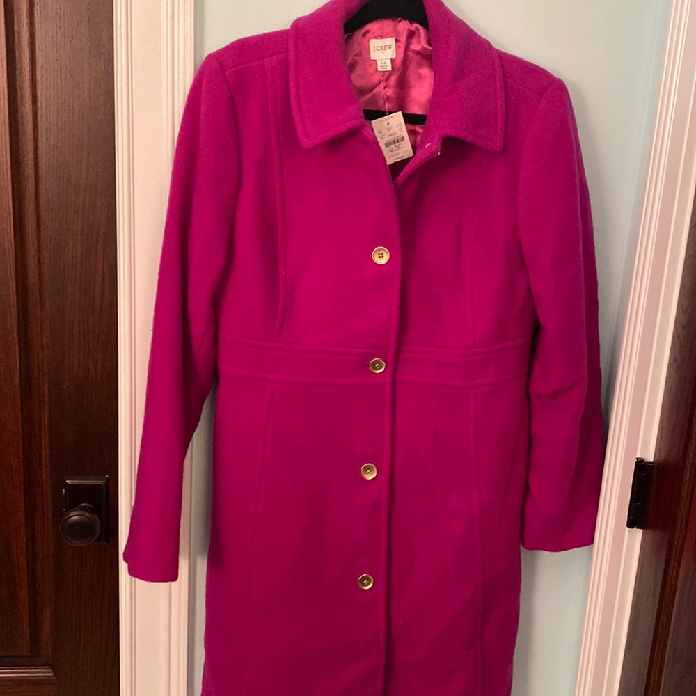 NWT JCrew lady day coat in magenta with gold buttons